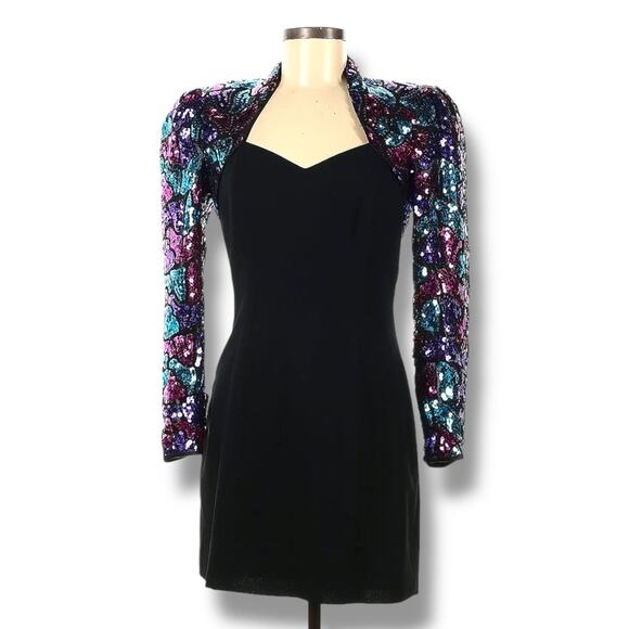 1990s Vintage Lillie Rubin Sequin Embellished LS Cocktail Mini Party Dress Sz 6 - Picture 1 of 3